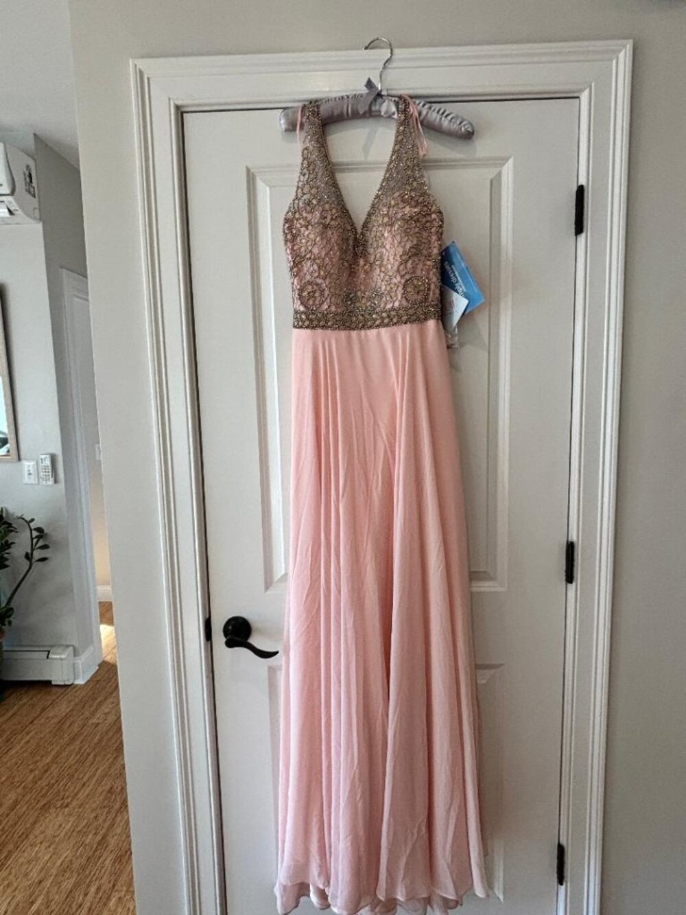 Embellished Halter Prom Dress in Blush Pink